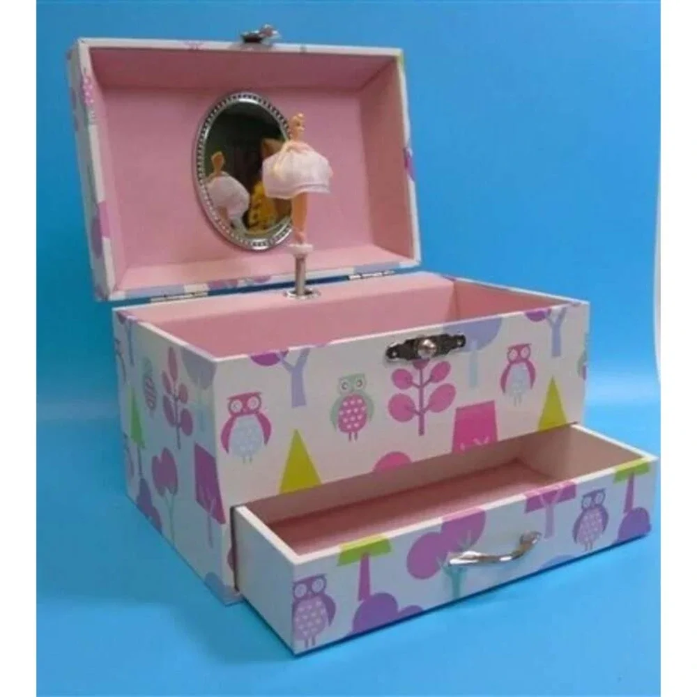 Owl Jewelry Box Purple Pink Green Trees Faux Pearl Handle Drawer Storage Chest